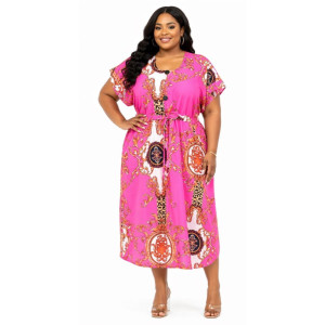 Womens Pink Baroque Print Midi Dress  with  Drawstring Waist